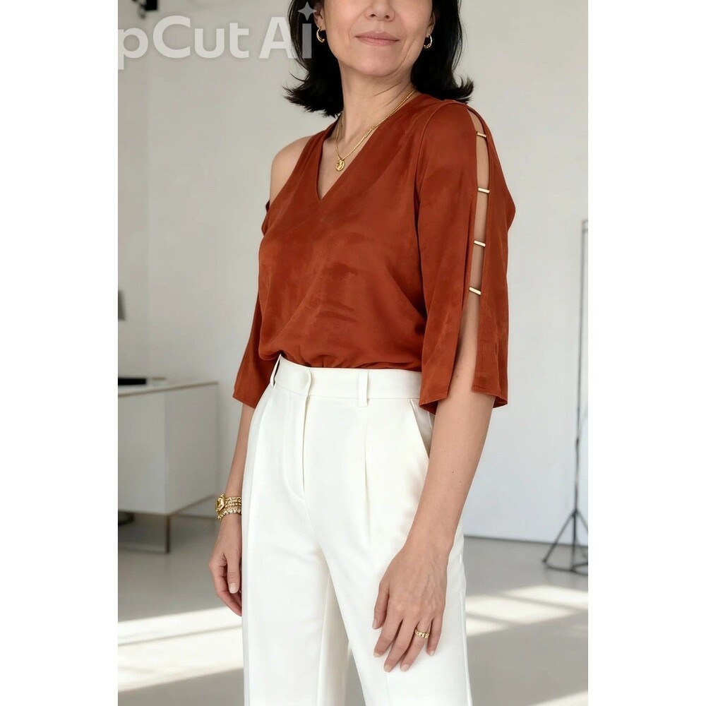 Michael Kors Womens Rust Solid Knit Metallic V-Neck 3/4 Sleeve Blouse S